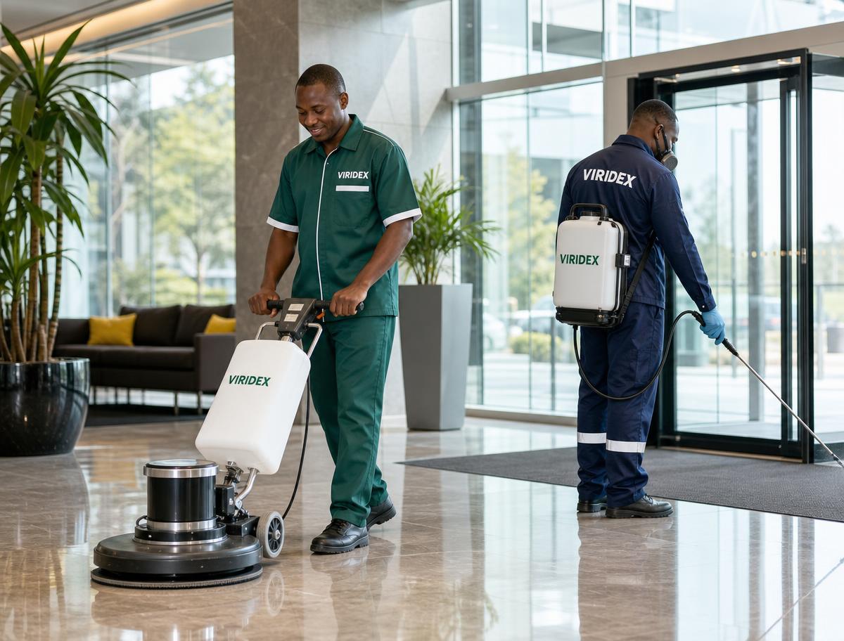 Viridex-uniformed cleaning and pest control technicians servicing a modern building lobby