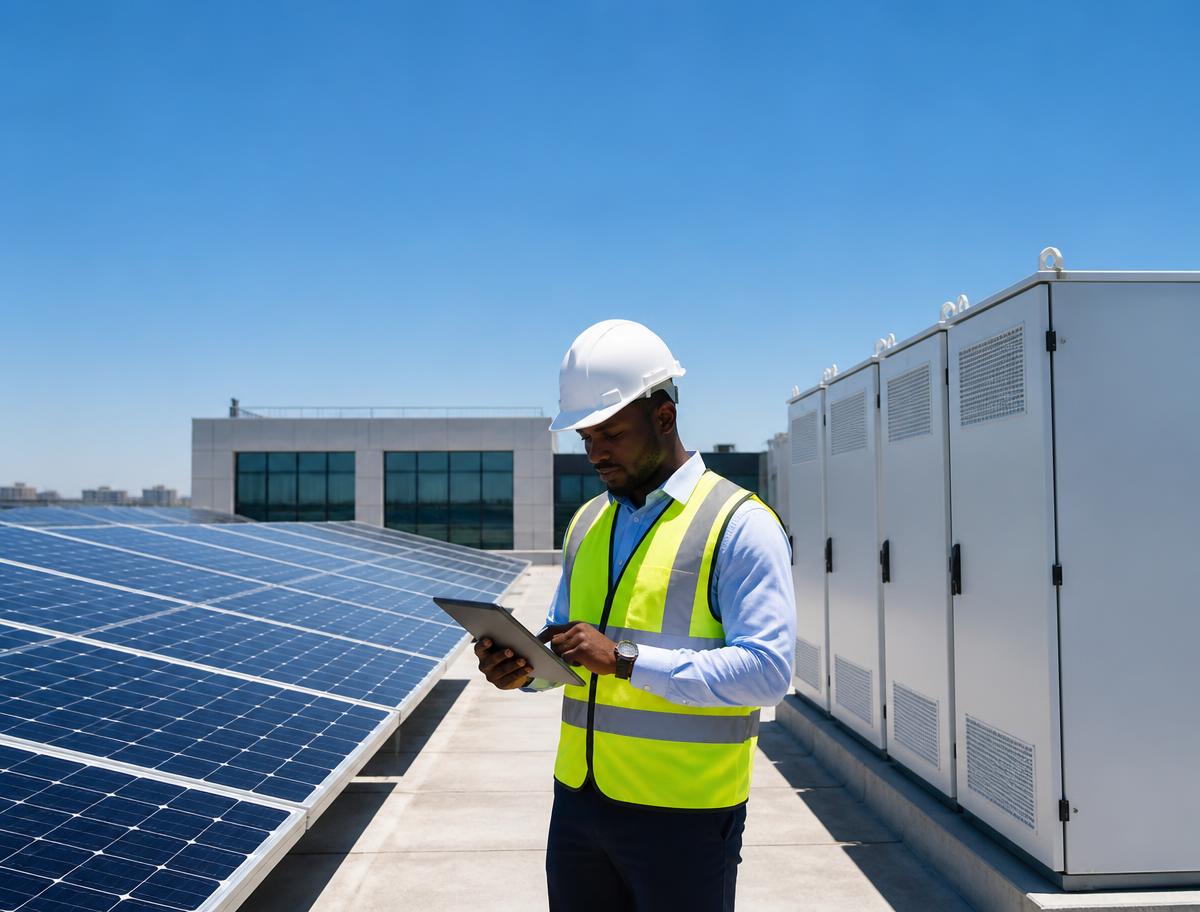 Engineer inspecting a rooftop solar array beside battery storage cabinets